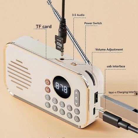 Radio FM portable, petite enceinte Bluetooth sans fil rechargeable, son surround, radio rétro USB, bleue. (1/5)