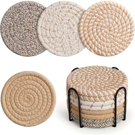 Posavasos de 8 piezas, Posavasos de algodón tejido absorbente, Posavasos de tela, mesas de comedor y salas de estar, Beige claro (1/5)