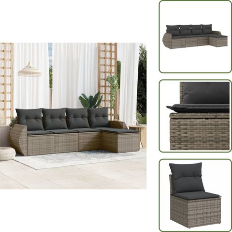 Cojines para sofás - vidaXL Juego de sofás jardín con cojines 5 pzas ratán sintético gris - Sofás con reposabrazos
