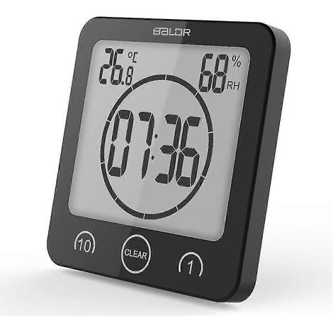 Horloge de salle de bain, minuteur de douche numérique, horloge de cuisine étanche avec thermomètre et hygromètre pour la douche, la cuisine et le maquillage (noir) (1/4)