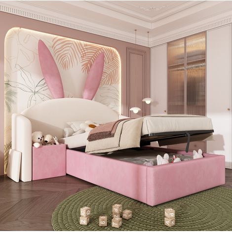Letto contenitore per bambini 90x200 cm, con comodino reversibile e vano idraulico, in velluto, senza materasso (1/5)