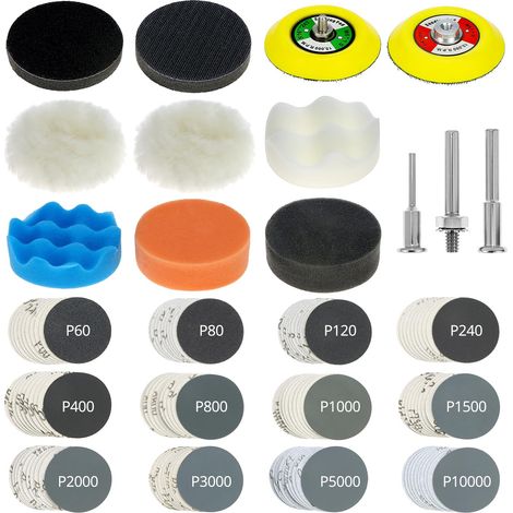 Kit de 133 disques de ponçage et tampons de polissage, 75mm, disques de ponçage humides/secs, grain 60-10000, Kit polissage phares voiture, pour automobile, verre, métal (1/5)