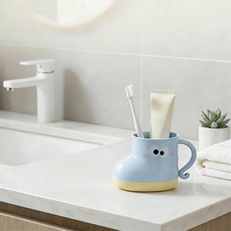 Porta spazzolino per bambini, riutilizzabile, bicchiere da bagno antigoccia con manico, simpatico bicchiere per collutorio con disegni animati, contenitore per riporre lo spazzolino (blu)