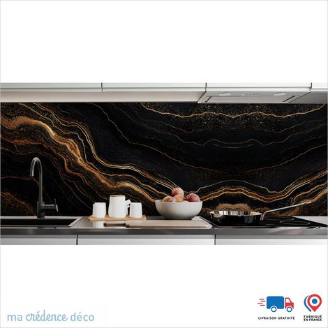 Crédence : Marbre noir et filets dorés - Couleur Doré - Alu composite - 60 - 120 (1/3)