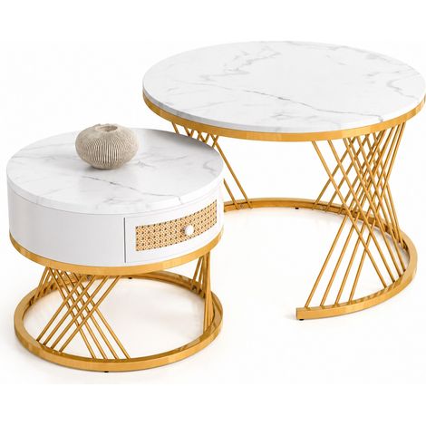 Table basse ronde 2 pièces effet marbre avec tiroirs en résine tressée, structure MDF et piètement métal doré, pour salon ou bureau, gain de place CHICFURN (1/5)