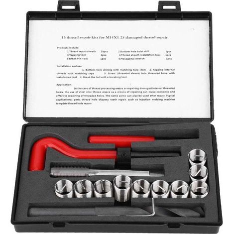 17-piece Thread Repair Kit, Stainless Steel Helical Oil Drill Bit Kit M12x1.25 SS Taps Threaded Inserts Installation Tool (1/5)