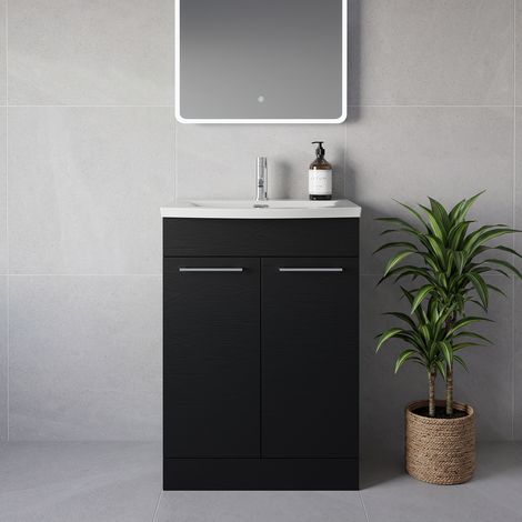 Napoli 390 Nero Oak 600mm 2 Door Vanity Unit with Arc Basin - 600mm - Chrome 160mm Handle