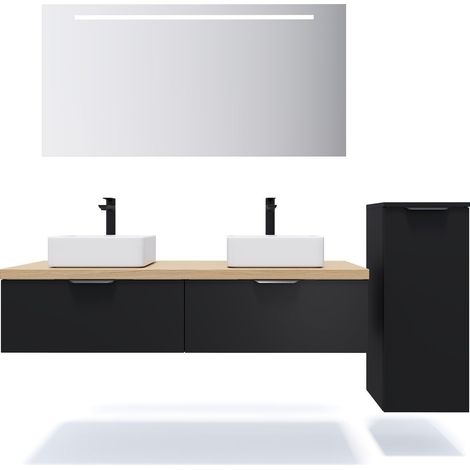 Meuble de salle de bain suspendu 2 vasques à poser 140cm 2 tiroirs Noir + miroir + colonne ouverture droite - Soho (1/5)