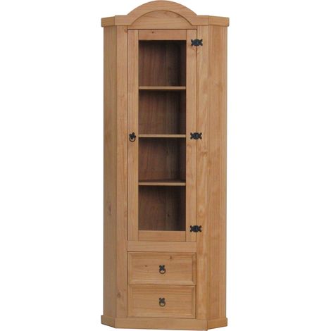 Ebuy24 – Armoire d'angle en pin massif délavé avec 1 porte vitrée et 2 tiroirs – Style antique – 3 étagères amovibles pour rangement pratique
