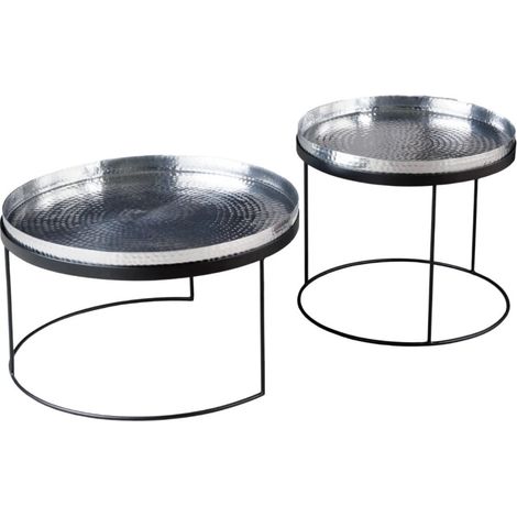 Niedrige Beistelltische VORTEX in Silber, Aluminium – Set aus 2 runden Designertischen mit Hammerschlag-Effekt