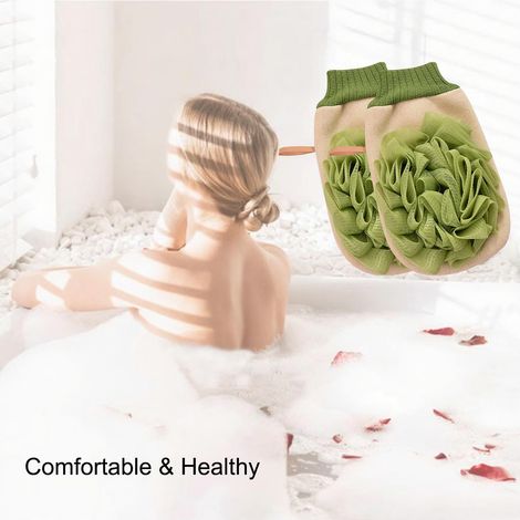 Lot de 2 gants exfoliants éponge de douche, gants de douche 2 en 1, gants de gommage avec boule de douche (vert) (1/4)