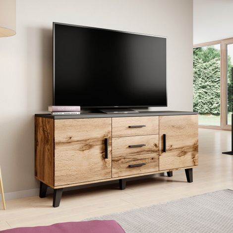Buffet noir et decor bois 2 portes 3 tiroirs 150cm Colin (1/4)