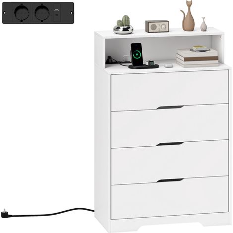Commode de chambre à 4 tiroirs avec station de recharge, port USB, port USB-C et étagère ouverte — 80 x 40 x 120 cm — Blanc (1/5)