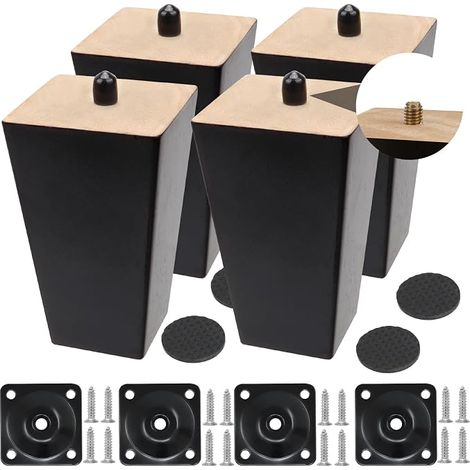 Wooden Furniture Legs, Solid Wood Table Legs, Replacement Furniture Legs for Chairs, Tables, Cupboards, Black, Square