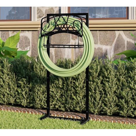 Organisateur de tuyau de jardin autonome avec revêtement en poudre noir – Support robuste et amovible en acier pour tuyau de 45 m, panier de rangement et outils de montage inclus (1/5)
