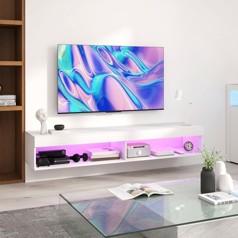 Rangement Meuble TV suspendu mural avec éclairage LED pour téléviseurs jusqu'à 75 pouces étagères 180L x 40l x 30H cm - blanc
