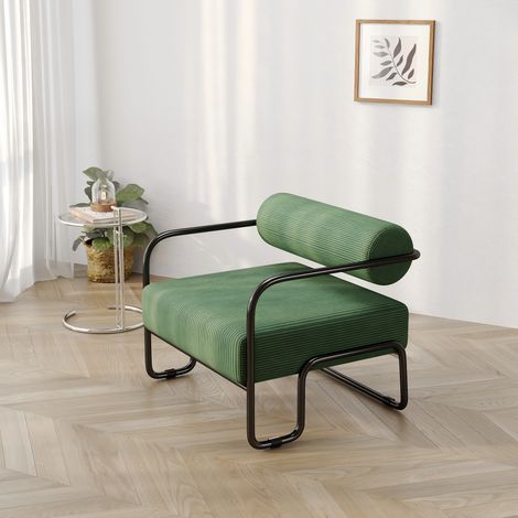 Fauteuil lounge moderne à dossier élégant 68.5×73×70.5 cm – revêtement en velours côtelé doux et piètement en métal noir. Design minimaliste pour salon, chambre ou bureau. (1/5)
