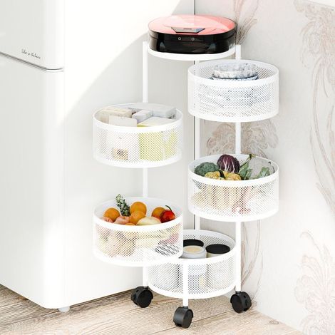Chariots de Service,Chariot de cuisine fruits légumes,Resserre ronde rotative,Desserte à Roulettes, 5 niveaux, 30X30X90CM, BLANC, Matériau: Fer (1/5)