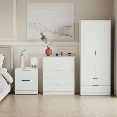 Trega 3pc Bedroom Furniture Set – 2 Drawer Bedside, 5 Drawer Chest & 2 Door Wardrobe, White