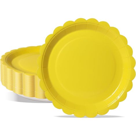 Assiettes En Carton - 50 Pièces - 23cm - Bord Crénelé Jaune - Robustes Pour Fêtes Et Pique-niques (1/5)
