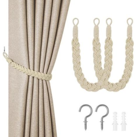 Lot de 2 embrasses pour rideaux - Cordon de 60 cm avec boucle - Embouts tissés à la main - Embouts torsadés - Avec crochets - Convient pour la maison, le bureau, le salon et la chambre, beige (1/5)