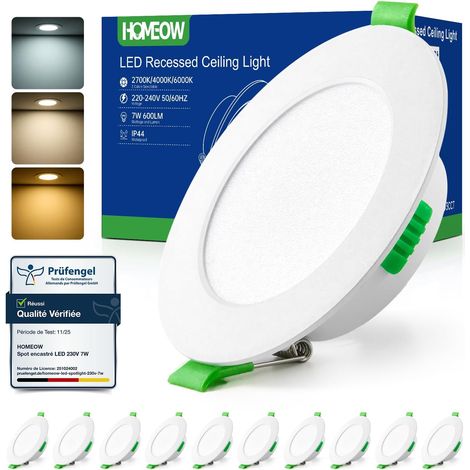 Spot LED Encastrable Dimmable 7W, 220V Spots de Plafond Extra Plat, Spot Salle de Bain IP44, Reglable Blanc Chaud 2700K Blanc Neutre 4000K Blanc Froid 6000K, Trou Φ75-90mm, Lot de 6