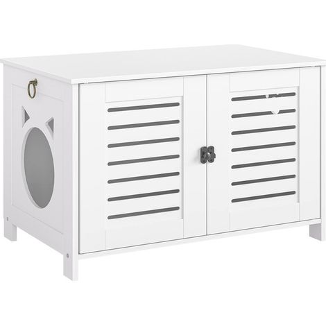 Meuble de Toilette pour Chat Maison de Toilette Chatière Intérieure Blanche Chatière Enceinte de Litière Table de Chevet pour Animaux avec Portes Persiennes (1/5)