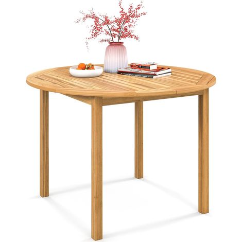 COSTWAY Tavolo da Pranzo Rotondo per Esterni, Tavolo da Pranzo in Legno di Acacia, Tavolo da Pranzo per 4 Persone, Tavolo da Pranzo per Interno e Esterno, Portato 75 kg, 110 x 75 cm (1/5)
