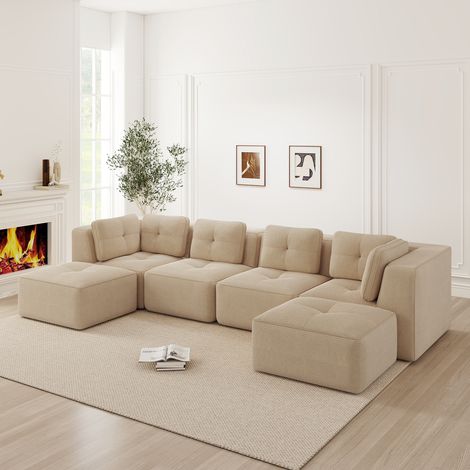 Canapé de salon modulaire sans ossature, canapé d'angle modulaire, canapé en U avec pouf, canapé-lit profond, design antidérapant, pas de montage requis, beige