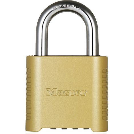 Cadenas robuste Master Lock avec mot de passe, usine, entrepôt, pour extérieur, portail, à combinaison, finition laiton 875D (1/5)