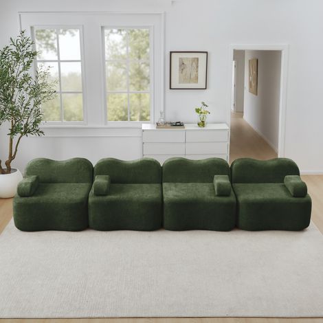 Canapé modulaire sans armature 4 places, forme ondulée, mousse haute densité 32D, assise profonde, coussin d'accoudoir mobile, idéal pour le salon, vert (1/5)