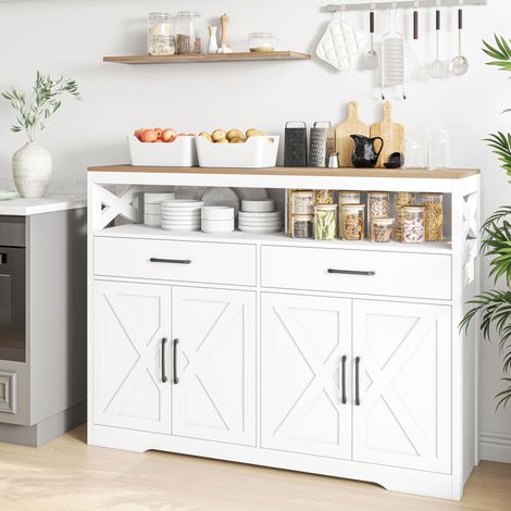 JOOKGBD-Sideboard 140x40x105 cm,Aufbewahrungsmöbel mit Schubladen und Türen,Küchenschrank mit verstellbaren Einlegeböden und offenem Fach,Sideboard für Wohnzimmer und Küche,Weiß