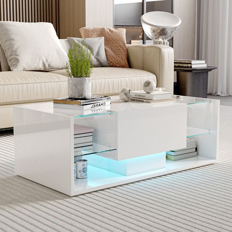Table basse rectangulaire,Tables Basses à LED pour Salon,table d'appoint blanc avec étagère ouverte et tiroir, 100 x 50 x 35 cm (1/5)