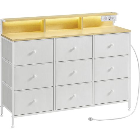 Songmics – Commode blanche avec 9 tiroirs – Éclairage LED tactile – Cadre en acier – Dimensions 33,5 x 114 x 84 cm – 2 prises AC et 2 ports USB (1/5)