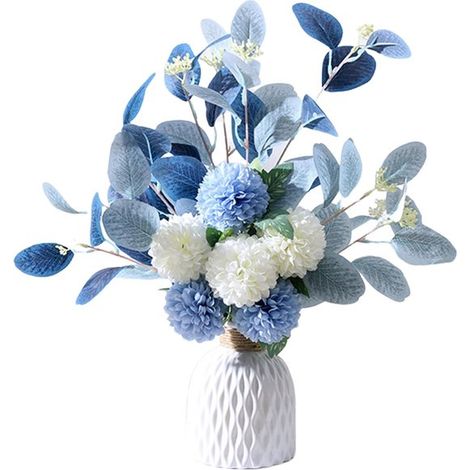 2 flores artificiales de 47 cm en azul y blanco, flores artificiales realistas, bonita cesta, no requieren mantenimiento (azul) (1/5)
