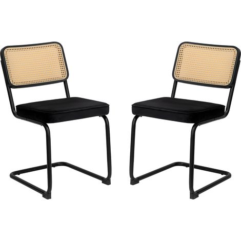 Set de 4 chaises de salle à manger en velours avec dossier en rotin et pieds chromés, design moderne milieu du siècle (1/5)
