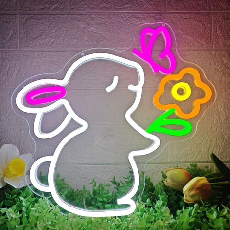 Guirlandes lumineuses néon lapins et fleurs, jardin, chambre, salon, Pâques Guirlandes lumineuses néon, lapins et papillons lumineux alimentés par USB pour chambre d'enfant (1/5)