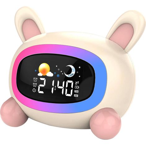 Despertador infantil para el entrenamiento del sueño, despertador con forma de conejito blanco pequeño. (1/5)