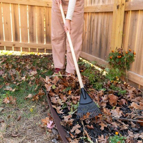 Râteau à feuilles jardin 20 cm bois et polyéthylène multifonctionnel poignée ergonomique ramassage feuilles herbe nettoyage bordures (1/5)
