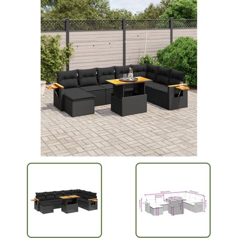 The Living Store 9-tlg. Garten-Sofagarnitur mit Kissen Schwarz Poly Rattan - Gartenmöbel Set - PE-Rattan Möbel - Outdoor Lounge - Gartenlounge - Terrassenmöbel (1/3)