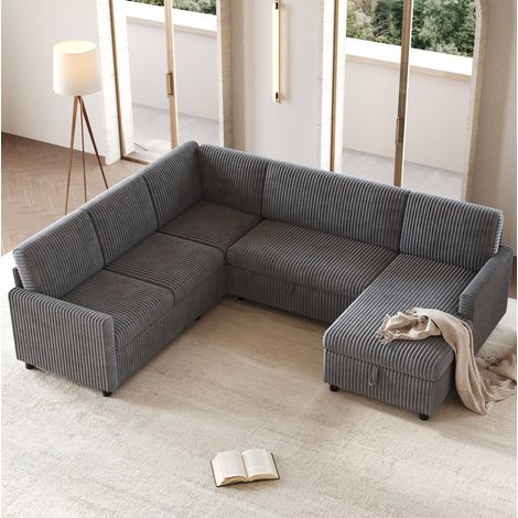 U-förmiges Schlafsofa aus grauem Cord mit Chaiselongue und Stauraum 274 x 220 x 85 cm OKWISH (1/5)