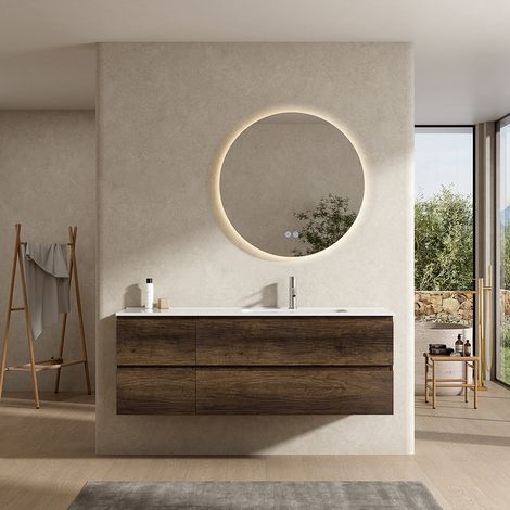 Mobile bagno sospeso 140 cm Bruno Scuro Lavabo a Destra in Resina Specchio Tondo Retroilluminato - Fiji Wood (1/4)