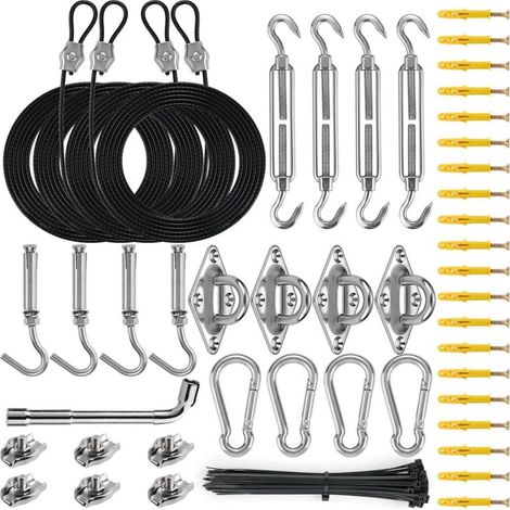 Kit de Quincaillerie pour Voile d'Ombre - Comprend 4 Câbles Nylon de 3m et Pièces en Acier Inoxydable 304, pour Voiles Rectangulaires/Triangulaires, Jardin et Terrasse (1/4)
