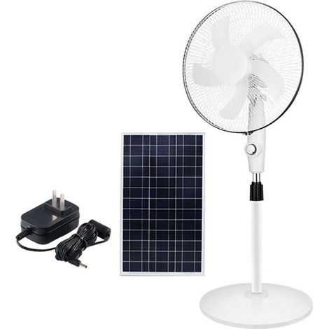 Ventilateur sur pied rechargeable blanc, grand débit d'air, 3 vitesses, en plastique, pour chambre et salon, avec chargeur et panneau solaire (1/5)