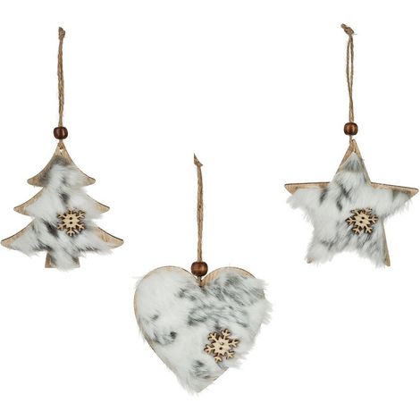 Déco de sapin Lot de 3 formes Coeur Etoile Sapin en Bois avec Fourrure et Flocon - Feeric Christmas (1/4)