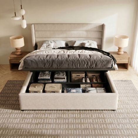 Lit coffre 160x200cm avec sommier bois massif ,lit double rembourré,structure métallique,lin,grand espace de rangement - Beige (1/5)