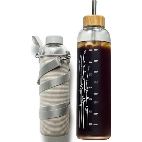 Sport Glasflasche 900 ml mit Neoprenhülle und Gurt - Bambusdeckel & Strohhalm (1/5)