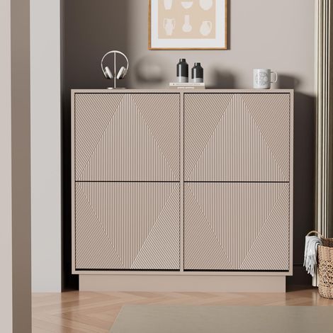 UEV Scarpiera da Ingresso con 4 Ante in Deisgn Intaglio, Mobile Scarpiera Bella e Funzionale con Ripiani Rimovibile e Regolabile, Scarpiere Salvaspazio Slim Stabili, 99 x 24 x 91cm, Beige Mocca