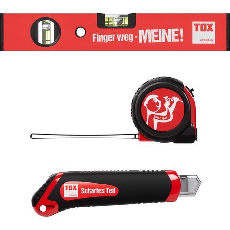 Kit avec cutter, mètre ruban 5 m et niveau à bulle 30 cm, cutter pour moquette avec 2 lames de rechange, mètre ruban en boîtier ABS antichoc, 1 pièce chacun, réf. 09790903. (1/4)