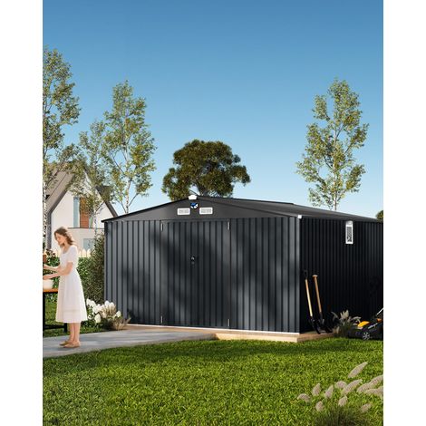 Abri de Jardin 3.,6×3 m, Fenêtres, Lampe Solaire LED, Rangement Métallique Imperméable, Double Portes Verrouillables( Gris foncé) (1/4)